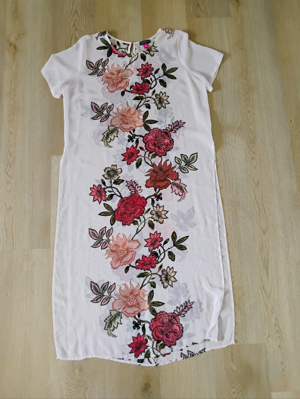 Vince Camuto Sheer White Midi Dress with Pink and Red Floral Design